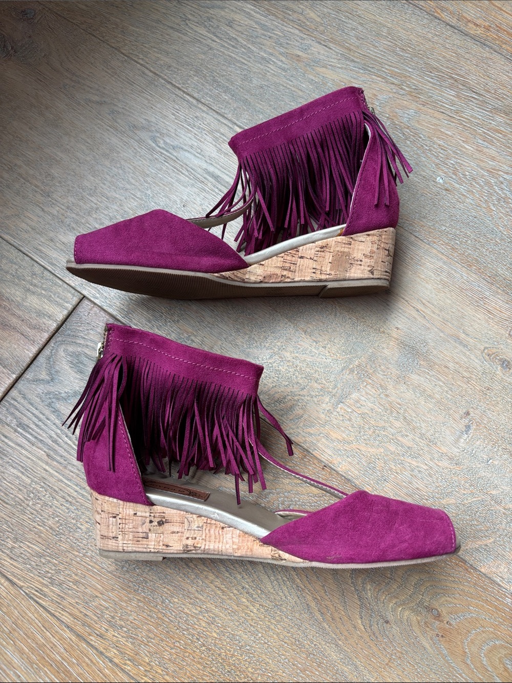 Joyfolie Faux Suede Fringe Cork Wedges - Magenta